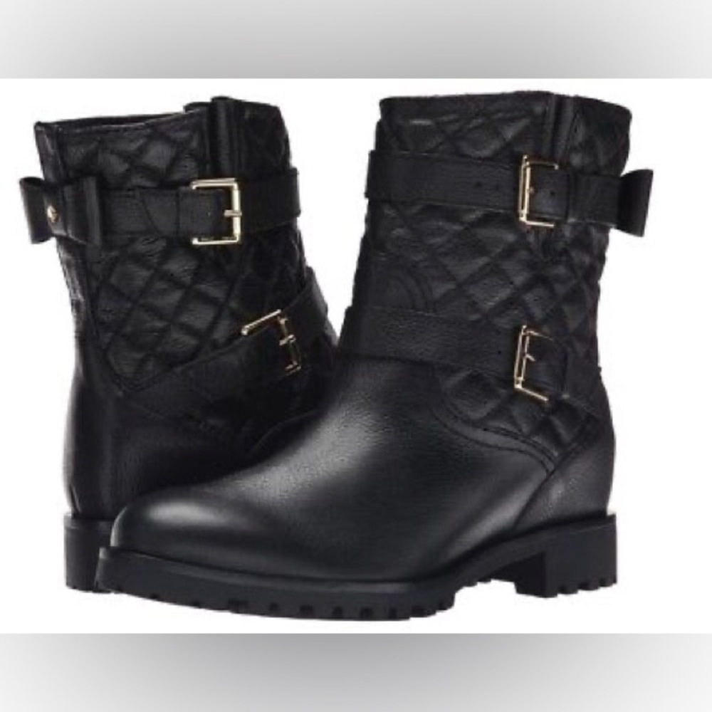Kate Spade | Samara Moto Black Soft Leather Quilted Ankle Boot Bow Detail Spade